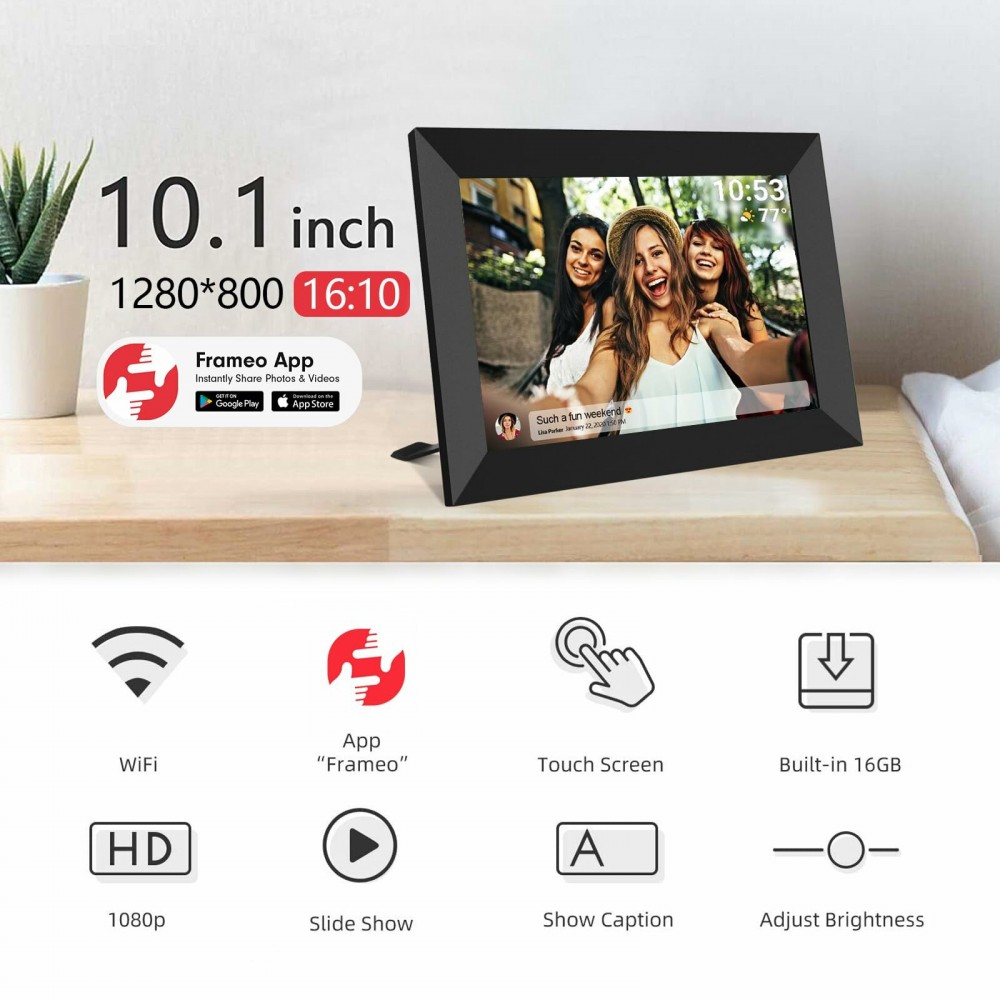 Frameo 10.1 Inch Smart WiFi Digital Photo Frame 1280800 IPS LCD Touch Screen Auto-Rotate Portrait and Landscape Built in 16GB Memory Share Moments Instantly via Frameo App from Anywhere EU Plug Adapter